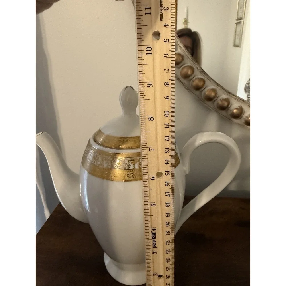 Vintage‎ GNA Fine Porcelain Coffee Pot White Gold Encrusted Trim 8.75
